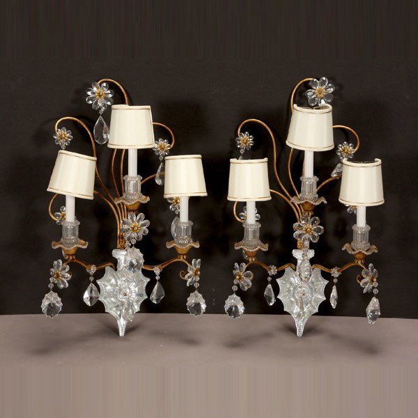 Pair of Neoclassical Three Light Wall Sconces: Pair of Neoclassical Three Light Wall Sconces with Mirrored Glass Backplate and Fruit Form Lustres {Height 26 1/2 inches}