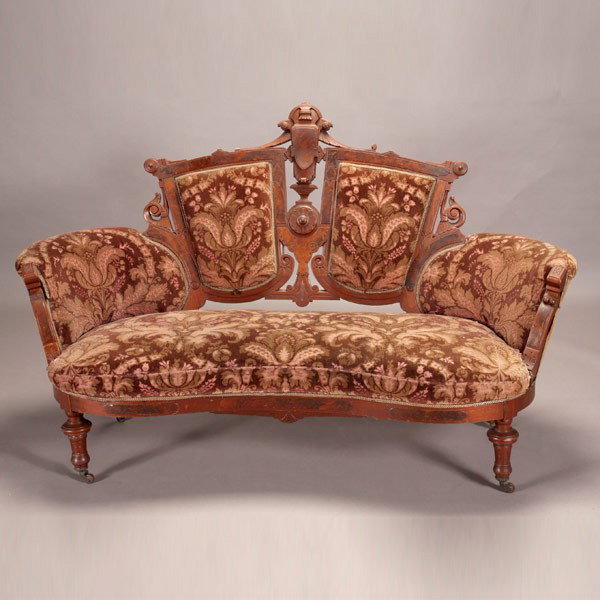 Renaissance Revival Walnut Parlor Settee: Renaissance Revival Walnut Parlor Settee with Period Upholstery {Dimensions 43 x 69 1/2 x 30 inches} [Losses]