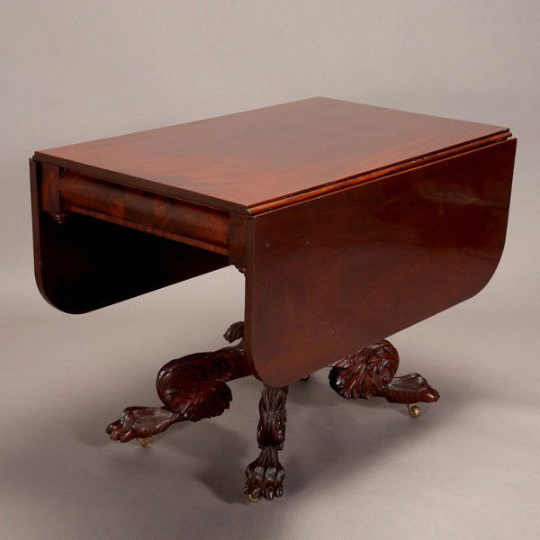 Classical Revival Walnut Drop Leaf Center Table: Classical Revival Walnut Drop Leaf Center Table with Claw Feet {Dimensions 29 x 53 x 40 inches}