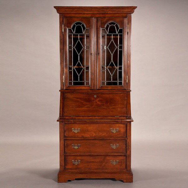 Georgian Style Secretary with Leaded Glass Panels: Georgian Style Secretary with Leaded Glass Panels by Guy Chaddock & Co. {Dimensions 79 x 34 1/4 x 19 inches} [KEY]