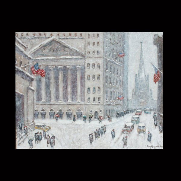 Style of Guy Wiggins "Wall St." Oil: Style of GUY CARLETON WIGGINS (American 1883-1962) "Wall Street, Winter" Oil on artist board. 16 x 20 inches/ 40.6 x 50.8 centimeters. Signed lower right "Guy Wiggins NA" Verso: Signed and titled "Guy