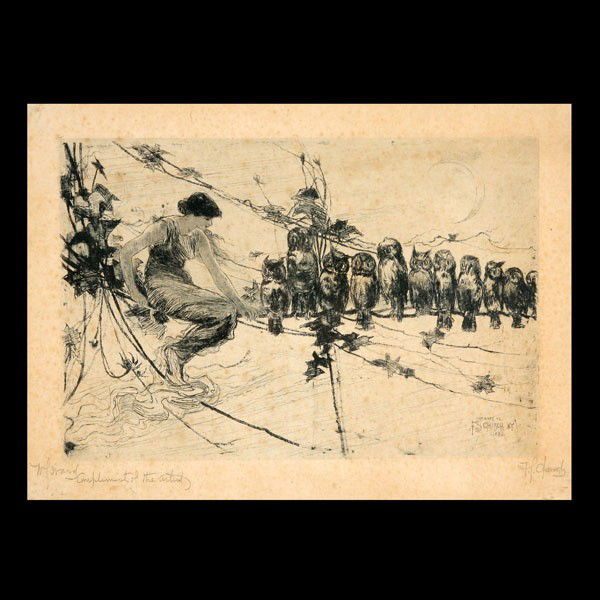 FREDERICK STUART CHURCH "Sylph with Owls": FREDERICK STUART CHURCH (American 1842-1924) "Sylph with Owls, 1883" Etching on paper. Plate: 10 x 14.75 inches/ 25.4 x 37.5 centimeters. Signed lower right in pencil "F.S. Church" Artist note lower l