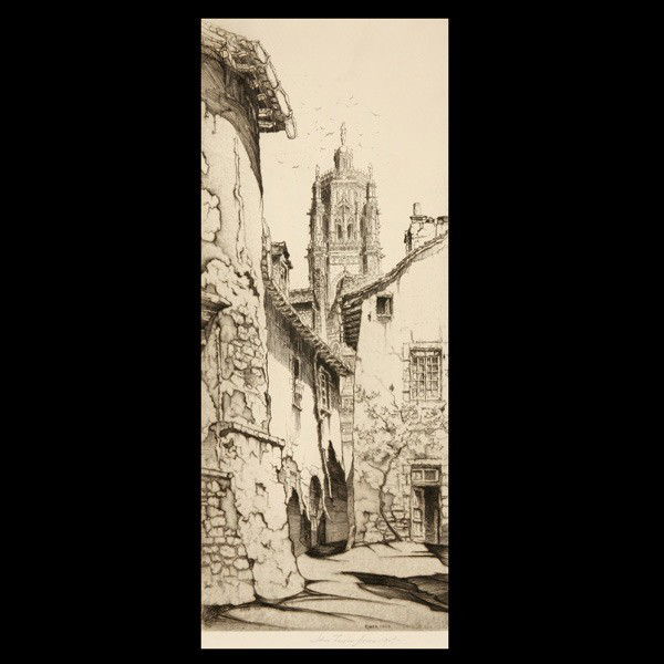 John Taylor Arms "Robez" Etching 1927: JOHN TAYLOR ARMS (American 1887-1953) "Robez, 1926" Etching on paper. Plate: 11.75 x 5 inches/ 30 x 12.8 centimeters. Signed and Dated lower right "John Taylor Arms, 1927" Titled and Dated in plate "R