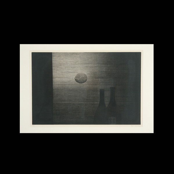 Yozo Hamaguchi "Walnut" Mezzotint: YOZO HAMAGUCHI (Japanese b. 1909) "Walnut and Bottles" Color Mezzotint on paper. Plate: 11.75 x 17.50 inches. Signed lower right "hamaguchi" Numbered lower left "19/50" Frame: 20.75 x 26.50 inches/ 52