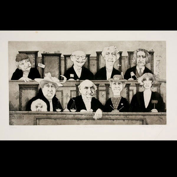 CHARLES BRAGG "The Steinem Court": CHARLES BRAGG (American b.1931) "The Steinem Court" Aquatint on paper. 11.75 x 22 inches/ 29.9 x 55.9 centimeters. Signed lower right "Charles Bragg" Titled lower center "The Steinem Court" Numbered l