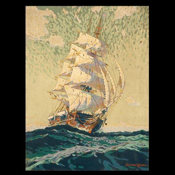 JOE DUNCAN GLEASON "Rough Waters" : JOE DUNCAN GLEASON (American 1881-1959) "Rough Waters" Silkscreen on canvas. 15 x 11.50 inches/ 38.1 x 29.2 centimeters. Signed lower right "J Duncan Gleason" Frame: 17.50 x 14 inches/ 44.5 x 35.6 cen