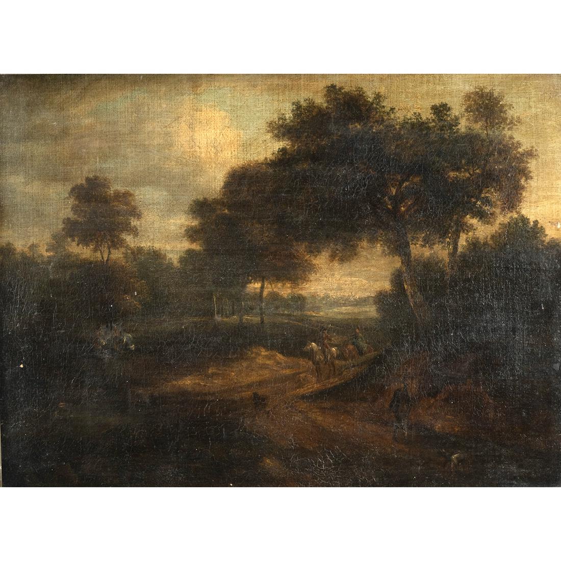 Jan Wynants, Landscape, oil on canvas: JAN WYNANTS (also known as Jan Wijnants), (Dutch, born circa 1635-1684), Wooded Landscape with Travelers on Horse and on Foot, oil on canvas, (approximate dimensions - canvas: 18 x 23 1/2 inches); uns