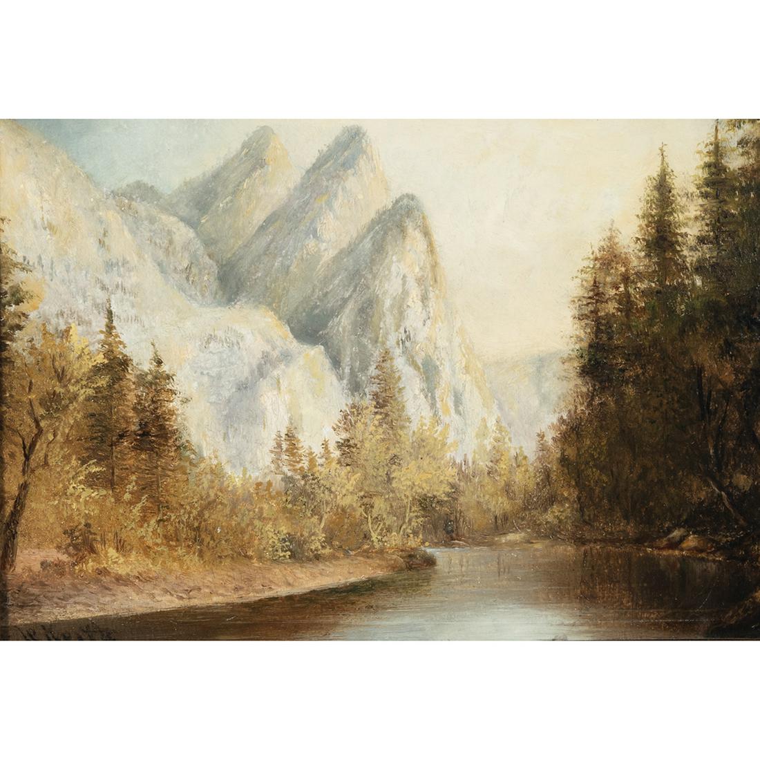 William Keith, Yosemite Valley, oil: WILLIAM KEITH (American, 1838-1911), Yosemite Valley, oil on board, (approximate dimensions - canvas (sight): 10 x 13 3/4 inches); signed lower left. Condition: Surface dust, varnish aging, and craque