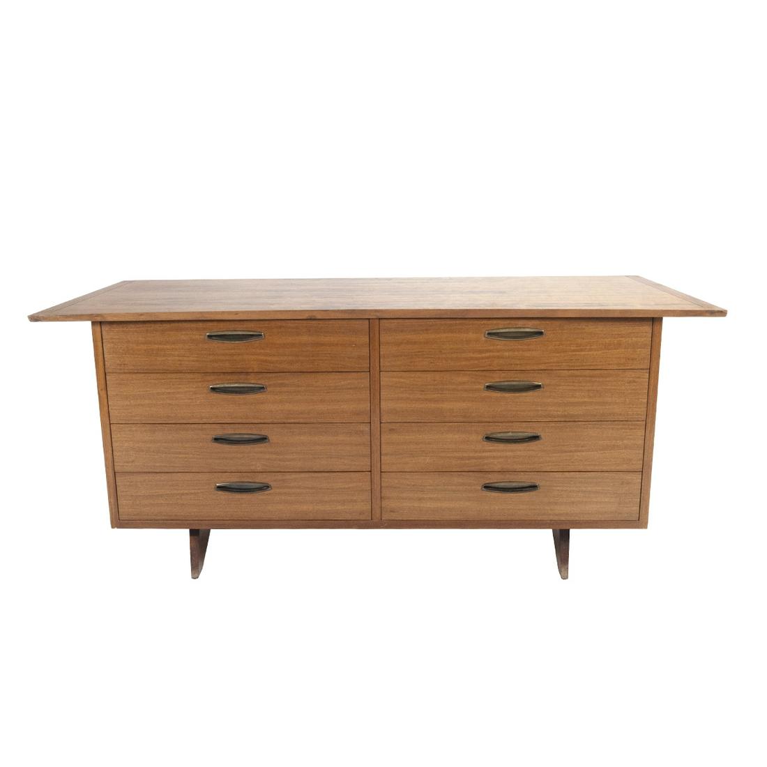 George Nakashima For Widdicomb Rosewood Origins Dresser: George Nakashima For Widdicomb Rosewood Origins Dresser. Eight drawers with inset brass pulls, splayed triangular legs. 'GEORGE NAKASHIMA' wood burned to drawer, another drawer with 'WIDDICOMB Grand R