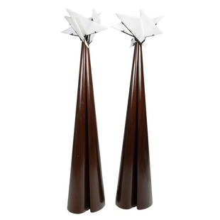 Pair of Pierre Chareau Style Nun "Drape" Floor Lamps: Pair of Pierre Chareau Style Nun "Drape" Floor Lamps. Mahogany bodies, alabaster shades. {Approximate dimensions: 73 3/4 inches high.}. Condition: Some scuffs and scratches to the bodies, mainly by th