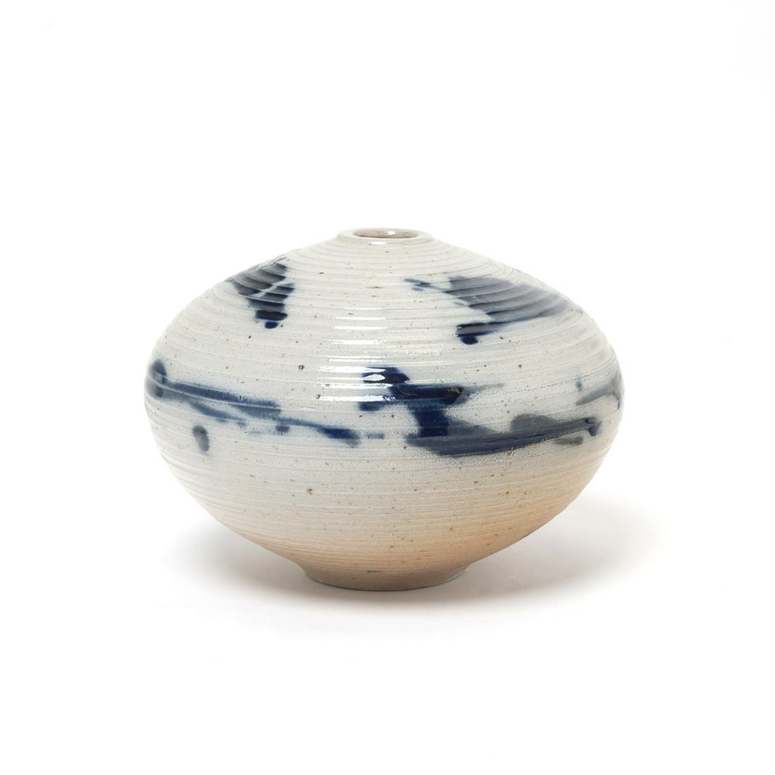 Otto Heino Studio Pottery Vase: Otto Heino Studio Pottery Vase. Otto Heino (California Studio Potter, 1915-2009); saltglaze stoneware body with ridges, and cobalt blue lines and splashes. The underside with 'OTTO 99'. {Approximate d