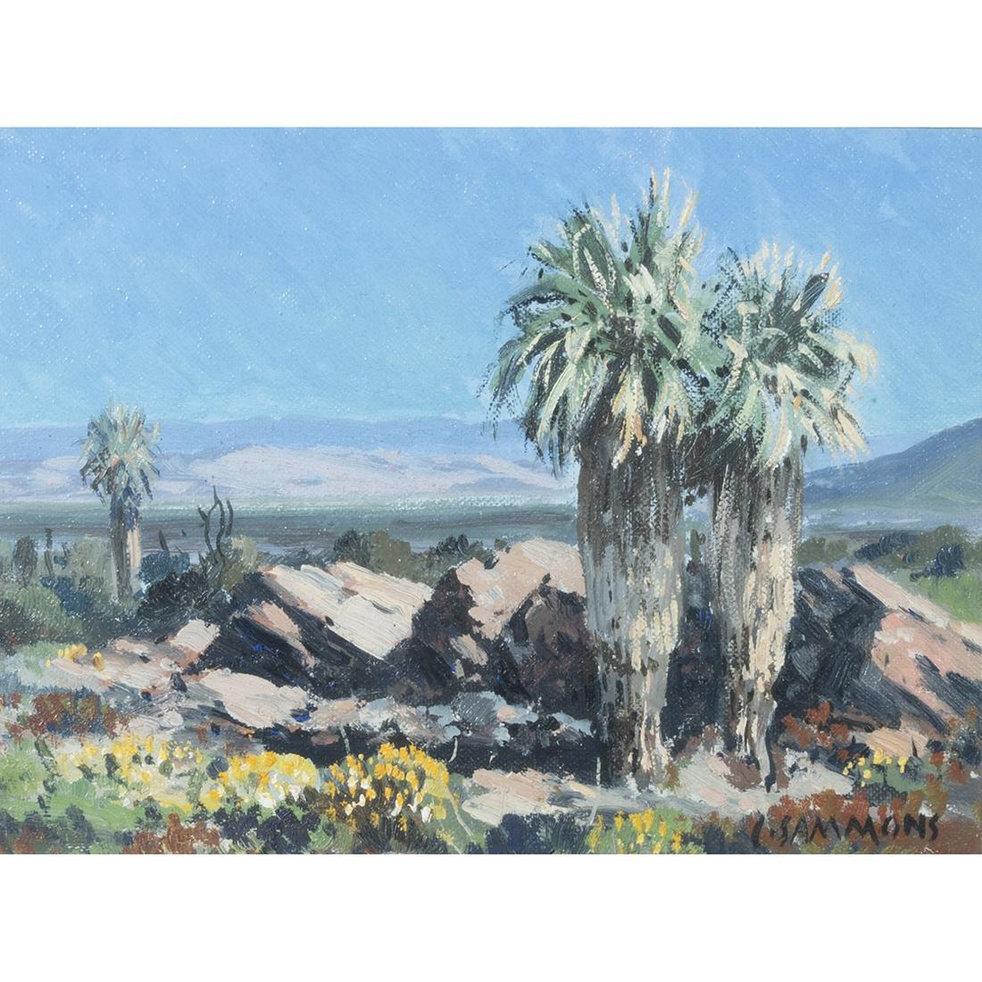 Carl Sammons, Palms in Desert Landscape, oil: CARL SAMMONS (American, 1883-1968), Palms in Desert Landscape, oil on board, (approximate dimensions - board (sight): 5 5/8 x 7 5/8 inches); signed lower right. Condition: Varnish aging and surface du