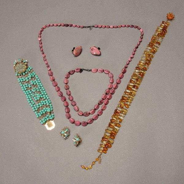 Three Miriam Haskell Costume Jewelry Suites: Three Miriam Haskell Costume Jewelry Suites, A turquoise bracelet and earrings, a pink stone necklace, choker and earrings, and an amber seed shape necklace.