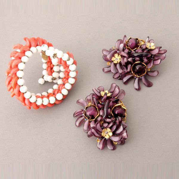 Two Miriam Haskell Purple Brooches, and Bracelet: Pair of Miriam Haskell Purple Brooches and a Miriam Haskell Bracelet, Two loose beads.