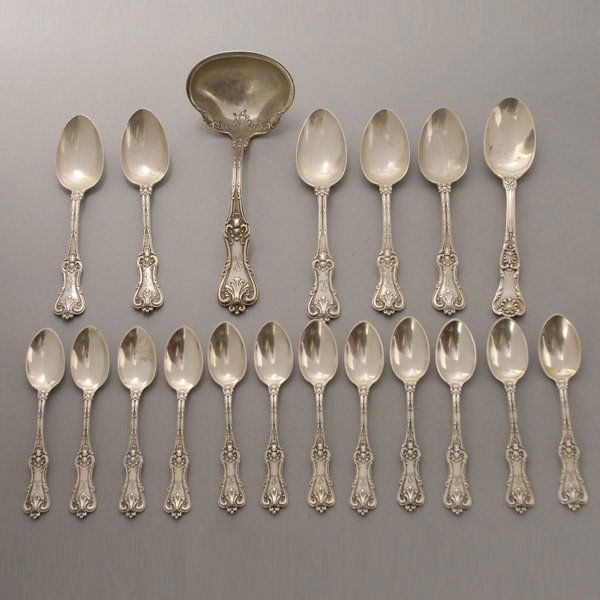 19 pieces of Federal Cotillion Sterling Flatware: 19 Pieces of Frank Smith Federal Cotillion Sterling Flatware , Including 5 + 1 tsp, 12 demi, one gravy ladle, R monogram, 13 troy