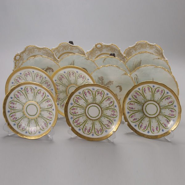 Three Groups of Fine Gilt Edge Porcelain Plates: Three Groups of Fine Gilt Edge Porcelain Plates, Six Limoges ruffle rim fish plates, four Limoges shaped rim with floral specimens and seven Minton floral. Each 9 inches across.
