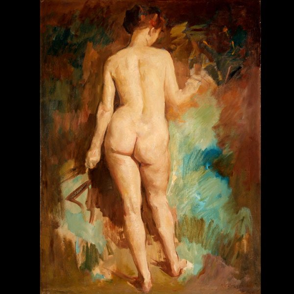 William Foster "Nude" Oil: WILLIAM FREDERICK FOSTER. (American 1883-1953) Standing Nude, Oil on canvas, 40.25 x 29.75 inches/ 102.2 x 107.5 centimeters Signed lower right "W Foster" Purchased Bonhams & Butterfield, May 09