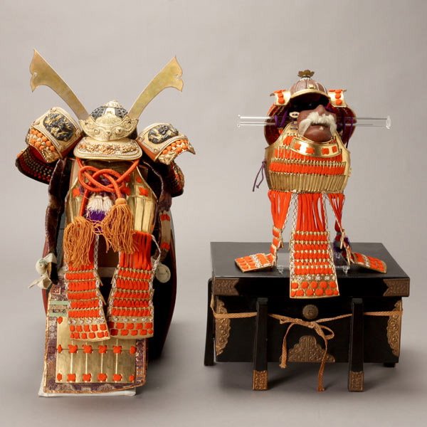 Two Miniature Samurai Suits of Armor: Two Miniature Samurai Suits of Armor, With matching lacquered storage boxes. Approximate Height of One: 23 inches,