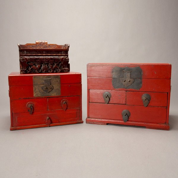 Three Asian Chests: Three Asian Chests, Two of lacquer red with multiple drawers and a hinged lid, the third carved in the likeness of opium bed. Largest: 12 x 16 x 11 inches,