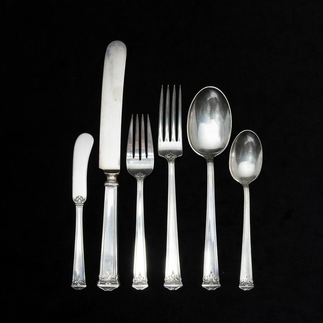 JS CO Trianon Pattern Sterling Silver Flatware Set: J.S. CO. Trianon Pattern Sterling Silver Flatware Set. Comprising 12 place knives, 12 butter spreaders, 12 place forks, 12 salad forks, 12 oval soup spoons, 12 teaspoons. (72 pieces total). {Approxima