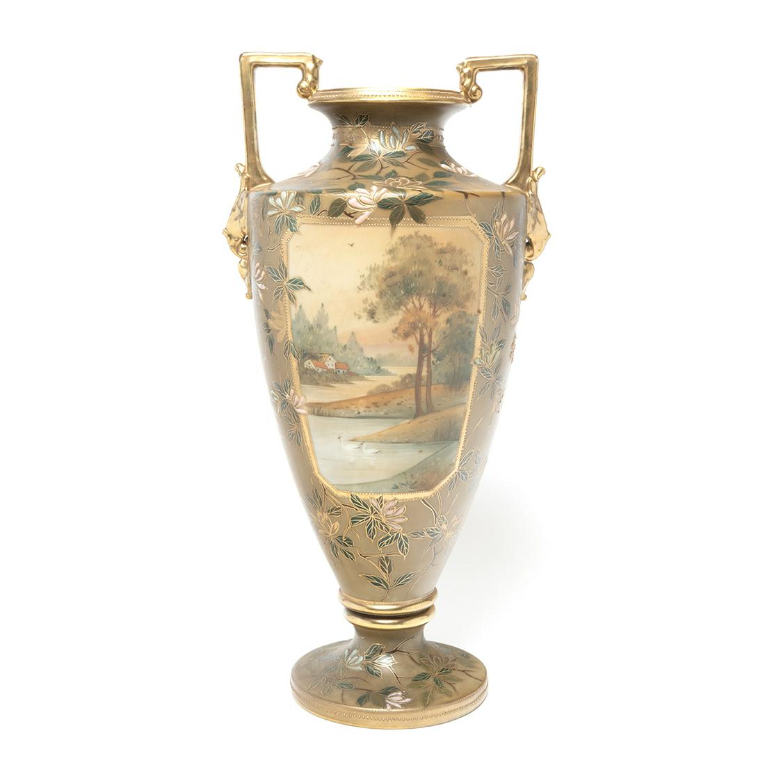 Nippon Export Porcelain Coralene Decorated Vase.: Nippon Export Porcelain Coralene Decorated. The two handled vase with lake landscape panels to sides within an olive colored reserve populated with branches, leaves, and flowers. Green 'M' Morimura ma