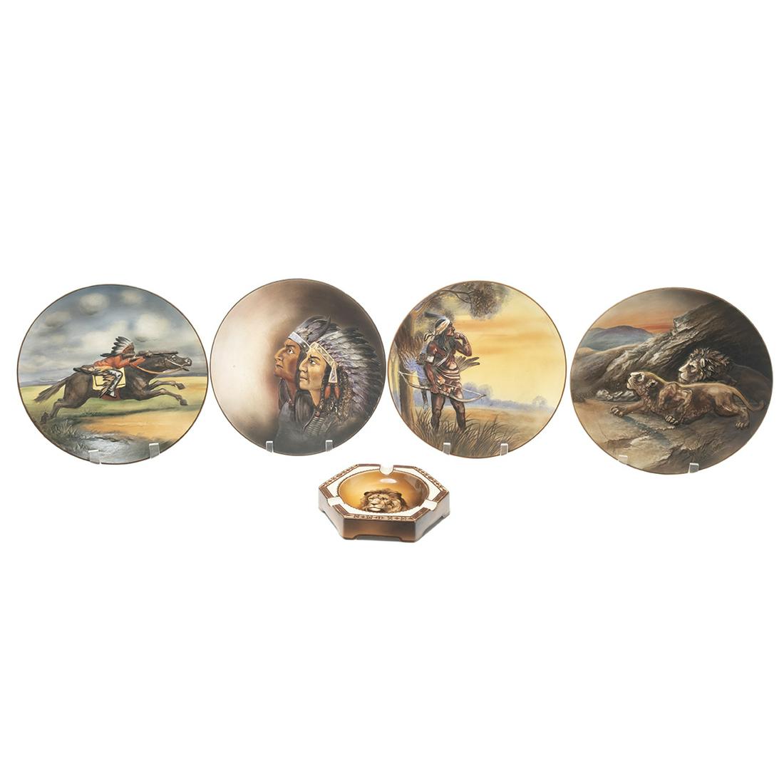 Five Nippon Export Porcelain Items: Five Nippon Export Porcelain Items. Comprising three dishes with Native American motifs in relief, dish with lion motif in relief, and ashtray with lion motif. All with Morimura markings to the unders