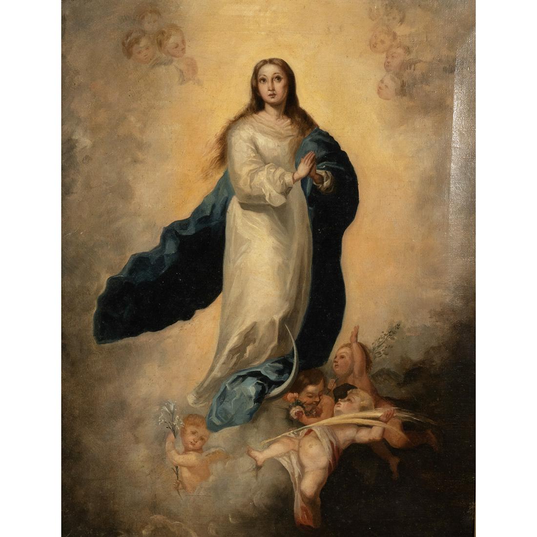 After Bartolome Esteban Murillo, Virgin Mary, oil: After BARTOLOME ESTEBAN MURILLO (Spanish, 1618-1682), Virgin Mary, oil on canvas, (approximate dimensions - canvas: 20 1/4 x 15 5/8 inches). Condition: Surface dust, stretcher marks, frame abrasion, a