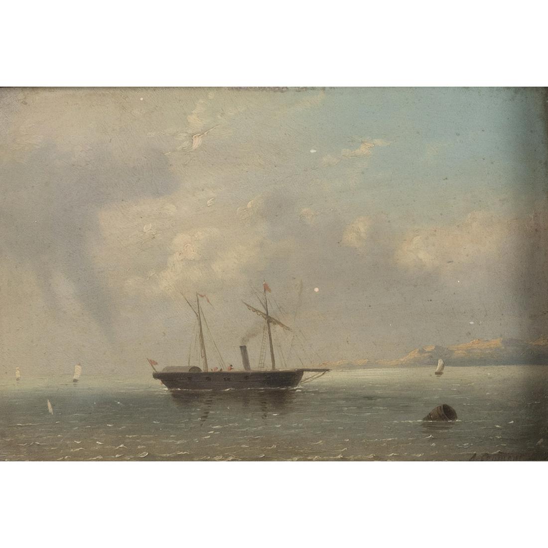 Auguste Coomans, Steamship Seascape, oil: AUGUSTE COOMANS (Flemish, active circa 1850-died circa 1896), Steamship Seascape, oil on panel, (approximate dimensions - panel: 7 x 10 1/4 inches); signed lower right, artist name on plaque. Conditio