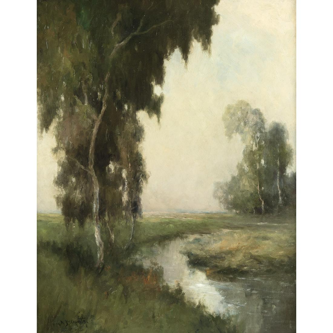 Arthur Beckwith, Stream Landscape, oil: ARTHUR BECKWITH (American, 1860-1930), Stream Landscape, oil on canvas, (approximate dimensions - canvas (sight): 27 x 21 inches); signed lower left. Condition: Surface dust, varnish aging, frame abra