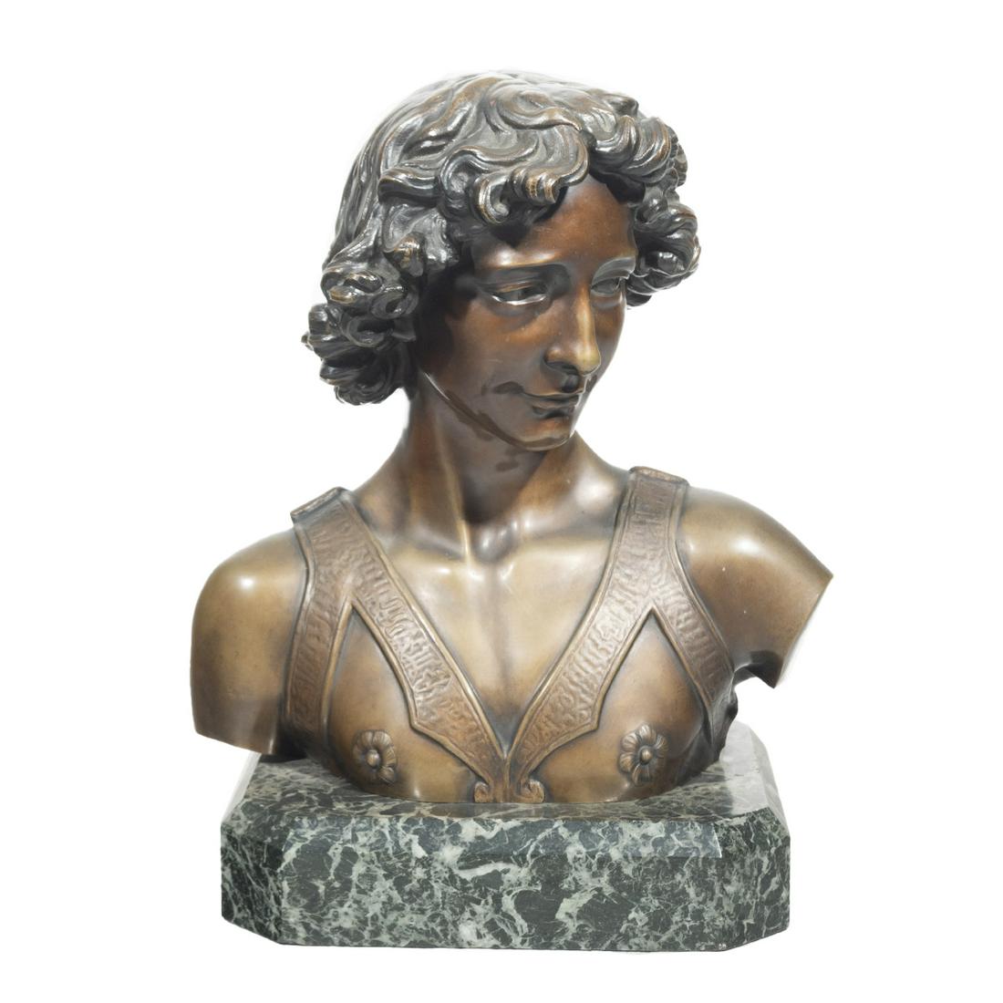 After Andrea Del Verrocchio, David, bronze bust: After ANDREA DEL VERROCCHIO (Italian, 1435-1488), Bust of David, bronze on marble base, (approximate dimensions - overall: 14 1/2 H x 13 1/2 L x 9 W inches); inscribed signature on right arm. Conditio