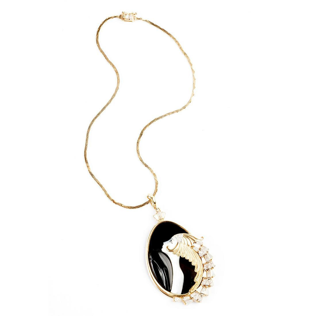 Erte "Beauty and the Beast" Necklace.: Erte "Beauty and the Beast" Mother-of-Pearl, Black Onyx, Diamond, 14k Yellow Gold Necklace. Designed as the profile of a woman wearing an elaborate headdress, the head, neck and parts of the headdress