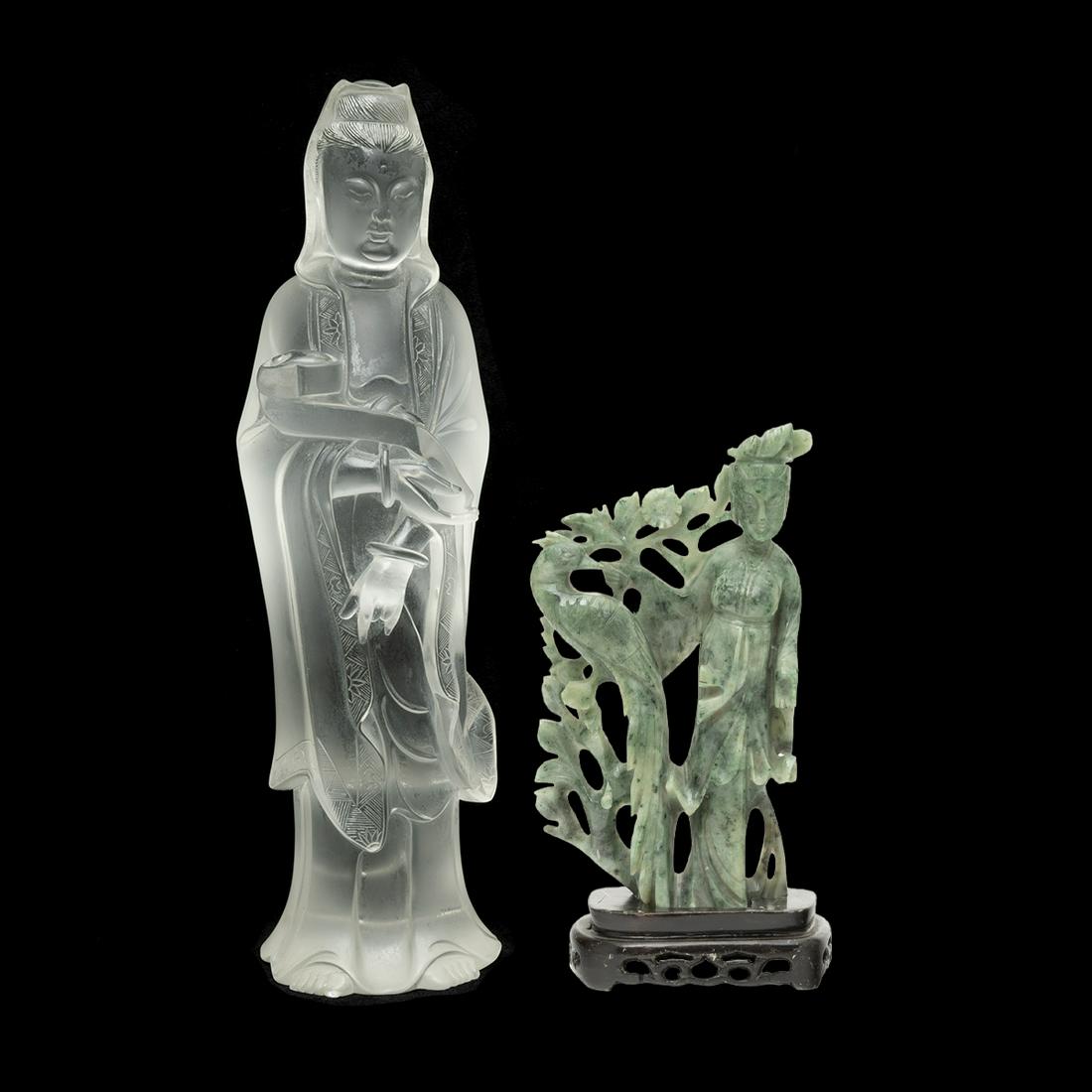 Chinese Glass Crystal Guanyin and Carved Green Jade: (Lot of Two) A Chinese Glass Crystal Statue of Guanyin and Carved Green Jade. First is a glass sculpture of a standing Guangying; the second is a carved celadon jade standing maiden accompanied by a p
