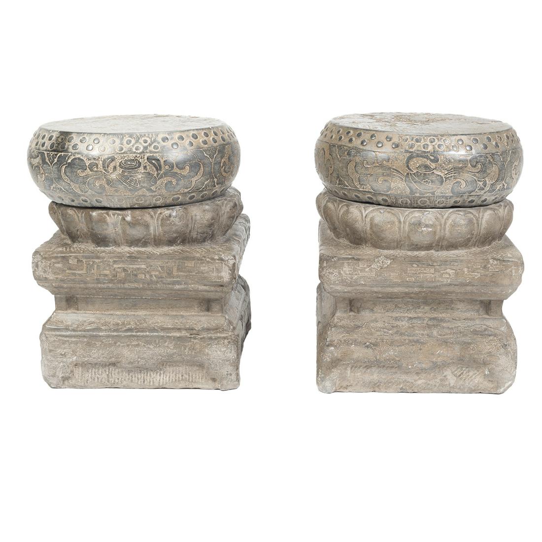 Pair of Chinese Stone Carved Two-Part Garden Seats: Pair of Chinese Stone Carved Two-Part Garden Seats. Each of flatten drum form, carved to the side with archaistic bronze vessels and floral motif. {The top: diameter 14 1/2 inches (36.83 cm), height: