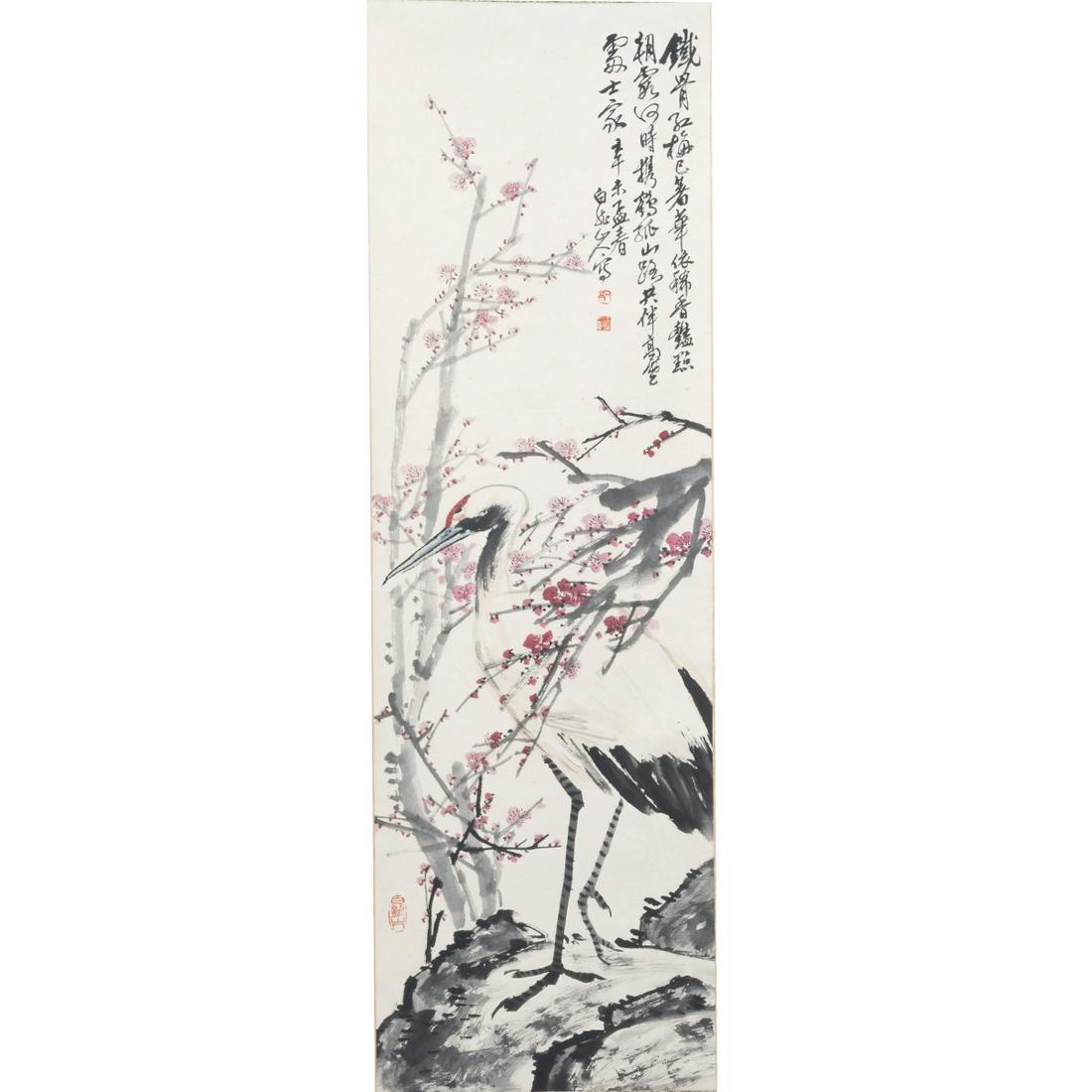 Attrib. to Wang Zhen: 'Crane', Hanging Scroll: Attrib. to Wang Zhen (1867-1938): 'Crane', Hanging Scroll. Ink and color on paper, inscribed, and signed with seals. {Image size: 45 3/4 x 14 1/2 inches (116.2 x 36.8 cm)}.