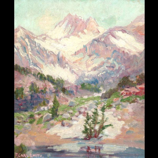 FREDERICK CARL SMITH "Mountains with Snow: FREDERICK CARL SMITH (American 1868-1955) "Mountains with Snow Capped Peaks and Lake" Oil on board. 14 X 12.25 inches/ 35.5 x 31.1 centimeters. Signed lower left "F. Carl Smith" Frame: 17.75 x 15.75 i