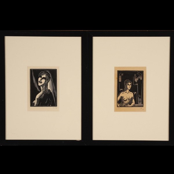 LYND KENDALL WARD Two works: "The Mistress" : LYND KENDALL WARD (American 1905-1985) Two works: "The Mistress, 1929" Woodblock on paper. Largest: 5 x 4 inches/ 12.7 x 10.2 centimeters. Both initaled with artist proof "LW, A/P" Frame: 15.25 x 12.2