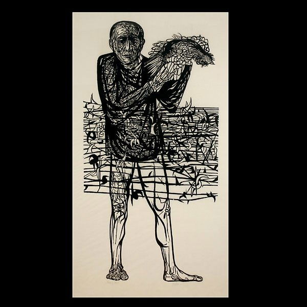LEONARD BASKIN "Man of Peace" Woodcut: LEONARD BASKIN (American 1922-2000) "Man of Peace, 1952" Woodcut on paper. Image: 59 x 30.50 inches/ 149.9 x 77.5 centimeters. Signed in pencil lower right "Baskin" Titled lower left "Man of Peace" Fr