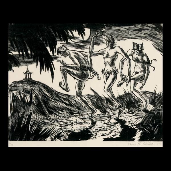 HANS ALEXANDER MULLER Dance of the Devil: HANS ALEXANDER MULLER (American 1888-1962) "Dance of the Devil, 1919" Woodblock print. Sheet: 13.50 x 17 inches/ 34.3 x 43.2 centimeters. Signed and dated in pencil lower right " Hans A. Muller, 19" N