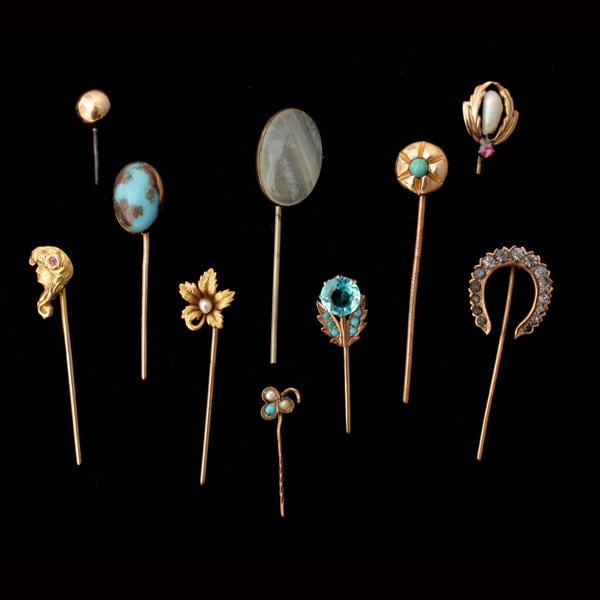 10 MULTI-STONE, 14K, 10K, GOLD-FILLED STICKPINS.: COLLECTION OF TEN MULTI-STONE, 14K, 10K, GOLD-FILLED STICKPINS. Including four gold-filled stickpins and one 14k yellow gold, ruby lady stickpin; one cultured pearl, 14k yellow gold flower stickpin; o
