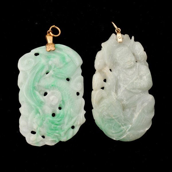 2 JADE, 14K YELLOW GOLD, METAL PENDANTS.: COLLECTION OF TWO JADE, 14K YELLOW GOLD, METAL PENDANTS. Including one carved jadeite Guanyin 14k yellow gold pendant together with one carved jadeite dragon, metal pendant.
