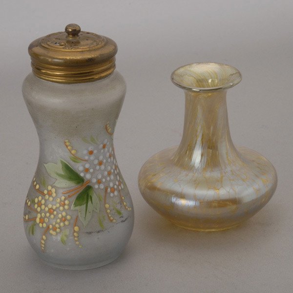 Loetz Oil Spot Vase and an Enameled Shaker: Loetz Oil Spot Vase and an Enameled Shaker {Height of shaker 5 inches}