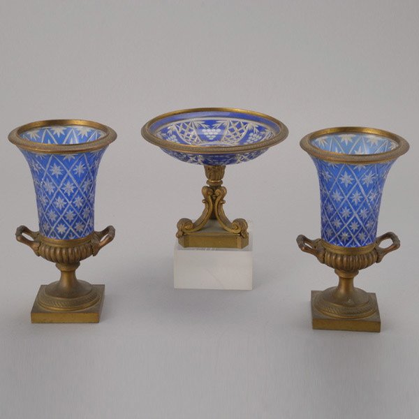 Empire Style Gilt Bronze Cobalt Blue 3 Pc Garnitur: Empire Style Gilt Bronze Cobalt Blue Flashed Glass Three Piece Garniture {Height of urns 8 1/4 inches}