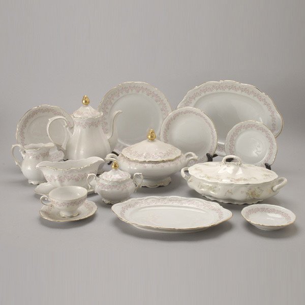 Mitterteich China Service in Lady Beatrice Pattern: Mitterteich Bavaria China Service in the Lady Beatrice Pattern: twelve dinner plates (diameter 10 1/2 inches); twelve salad plates; twelve soup bowls (diameter 8 inches); twelve bread plates; twelve f