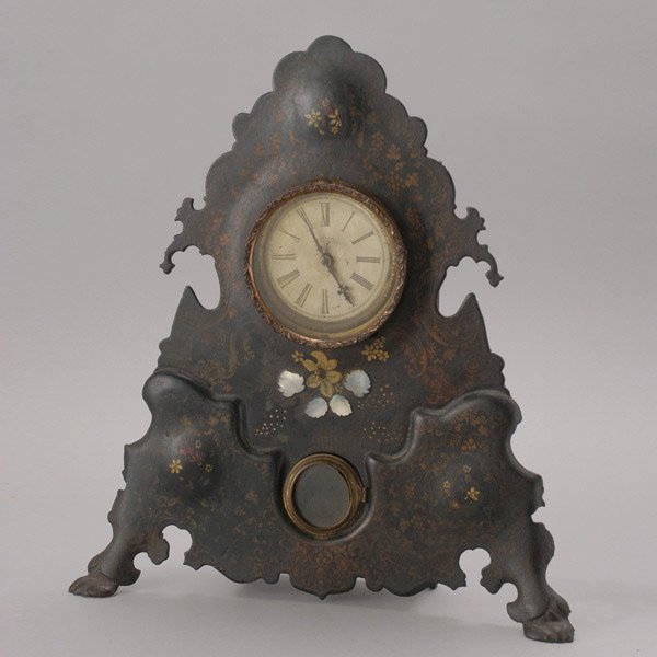 Bradley & Hubbard Tole Mantle Clock: Bradley & Hubbard Tole Mantle Clock with Mother of Pearl Inlay {Height 21 inches} [With pendulum weight]