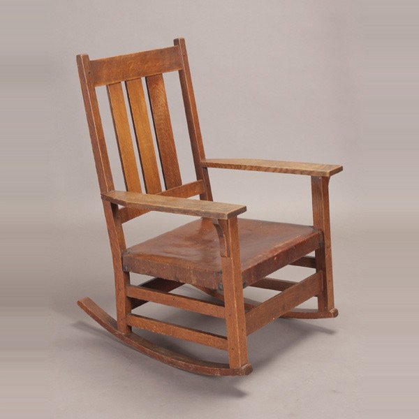 Stickley Craftsman Workshop Leather Seat Rocker: Stickley Craftsman Workshop Leather Seat Rocker, with burned black mark (1912-1916) {Dimensions 38 x 26 x 29 inches}