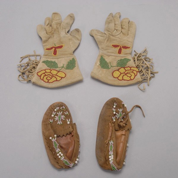 Pair of Plains Indian Beaded Child's Gloves & Mocs: Pair of Plains Indian Beaded Child's Gloves and a Pair of Child's Moccasins {Length of gloves 8 1/2 inches}