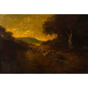 William Keith, Herding Scene, oil: WILLIAM KEITH (American, 1838-1911), Herding Scene, oil on canvas, (approximate dimensions - canvas: 19 1/4 x 28 inches); signed lower right, label on stretcher bar verso. Condition: Surface dust, var