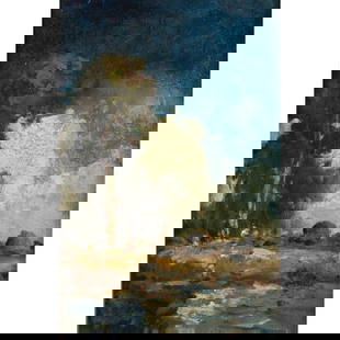 William Keith, Landscape, oil: WILLIAM KEITH (American, 1838-1911), Landscape, oil on panel, (approximate dimensions - panel (sight): 9 x 5 1/2 inches); unsigned, artist bio verso, Condition: Surface dust, varnish gloss and aging,