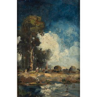 William Keith, Landscape, oil: WILLIAM KEITH (American, 1838-1911), Landscape, oil on panel, (approximate dimensions - panel (sight): 9 x 5 1/2 inches); unsigned, artist bio verso, Condition: Surface dust, varnish gloss and aging,