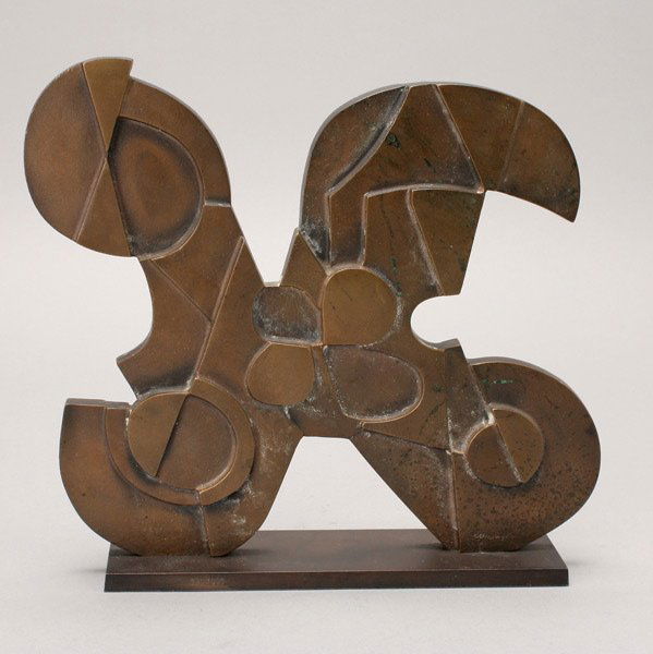 Modern Bronze Abstract Sculpture of Car: Pietro Consagra (Italian 1920-2005). The X-shape form cast as an assemblage of abstract car elements, inscribed "Consagra, 269/330 edition", "Al Leake/Alfa Romero" on reverse of base. Modern Bronze Ab